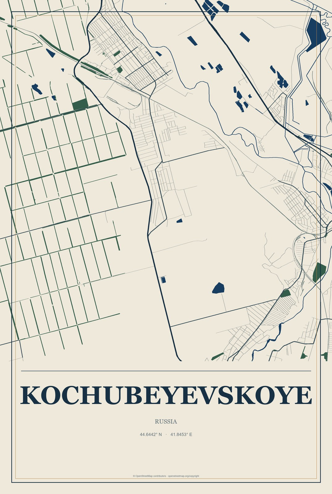 Kochubeyevskoye, Russia City Map Aluminum Sign in Coastal Cutout style