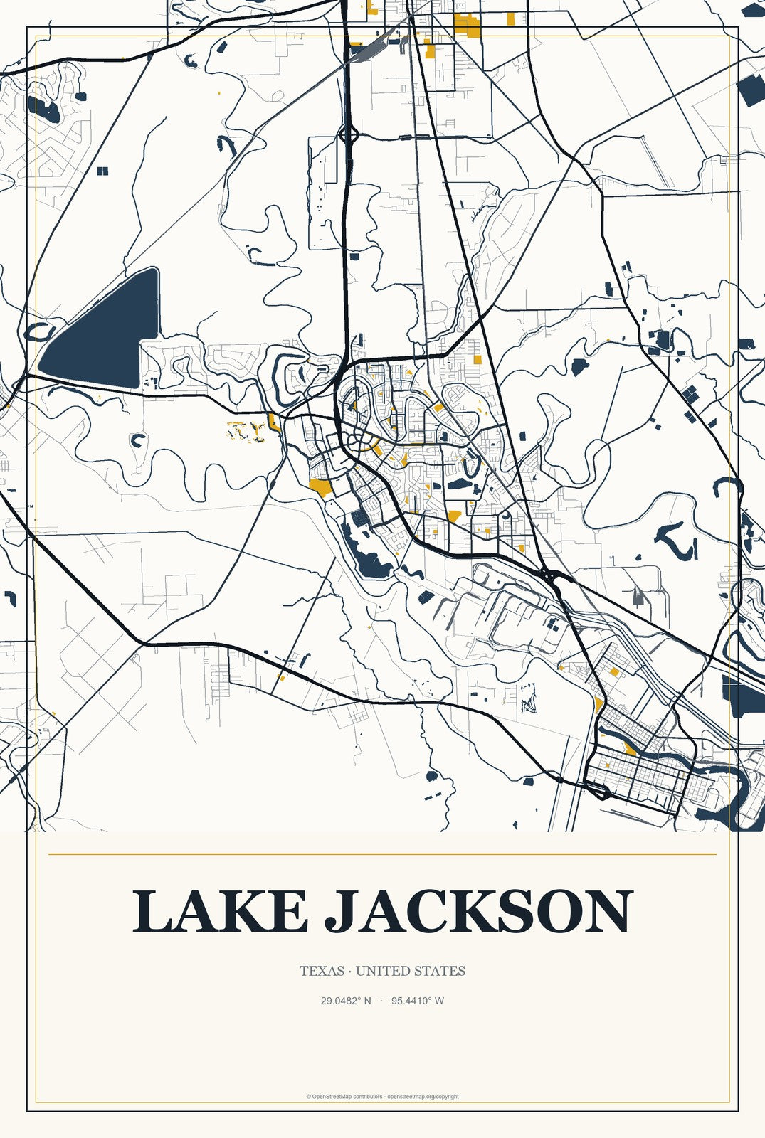 Lake Jackson, Texas City Map Aluminum Sign in Citrine Modern style
