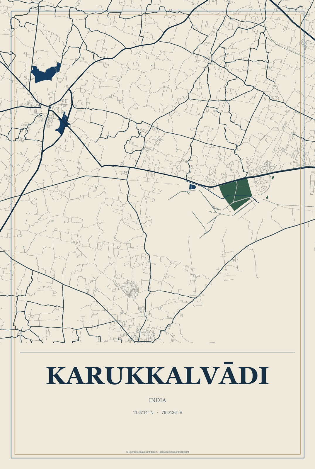 Karukkalvādi, India City Map Aluminum Sign in Coastal Cutout style