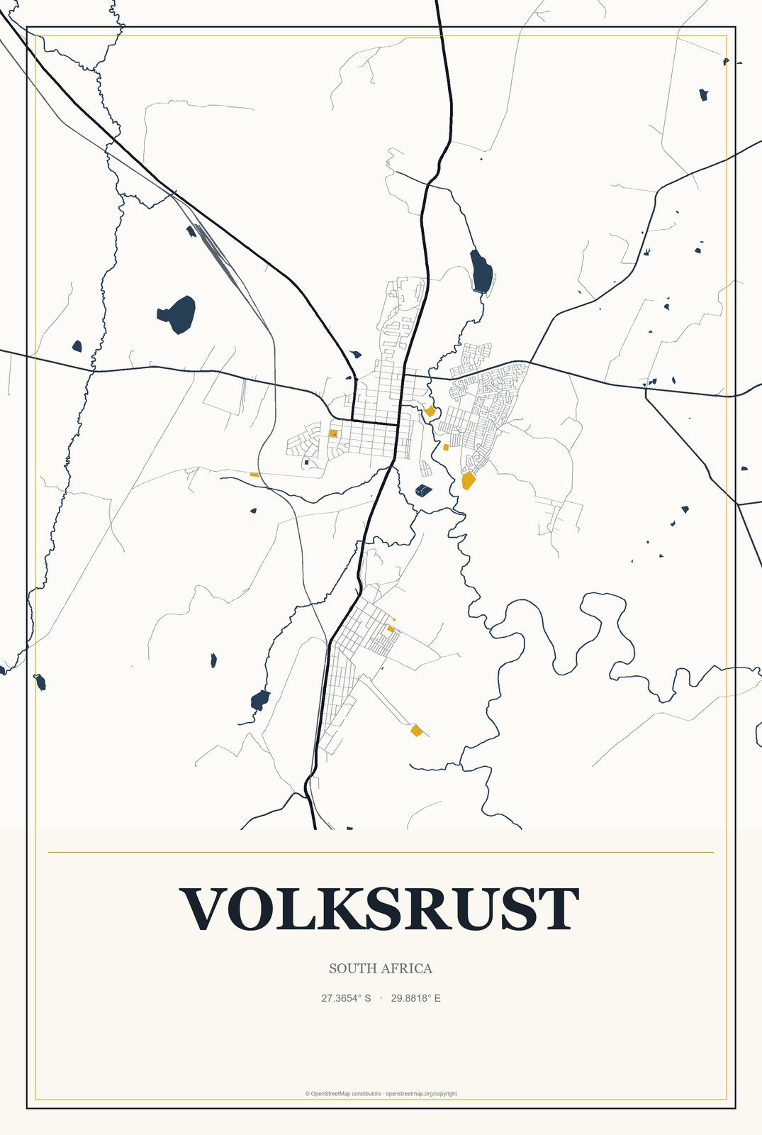 Volksrust, South Africa City Map Aluminum Sign in Citrine Modern style