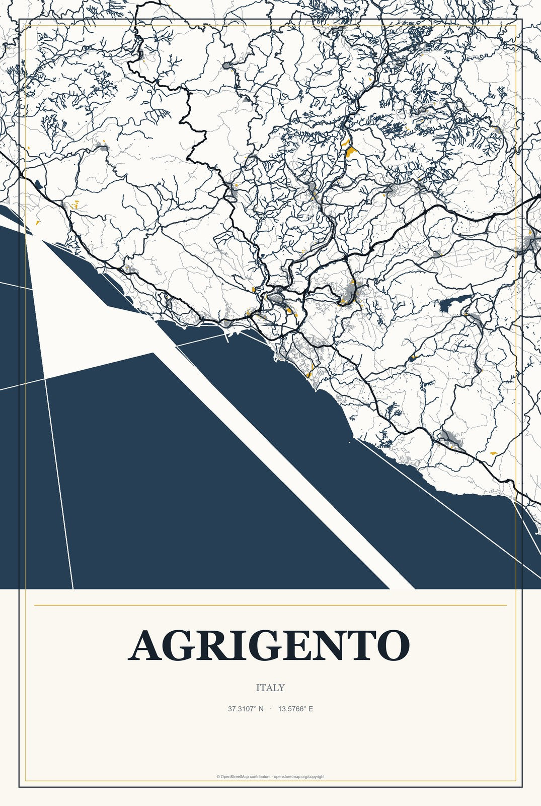 Agrigento, Italy City Map Aluminum Sign in Citrine Modern style