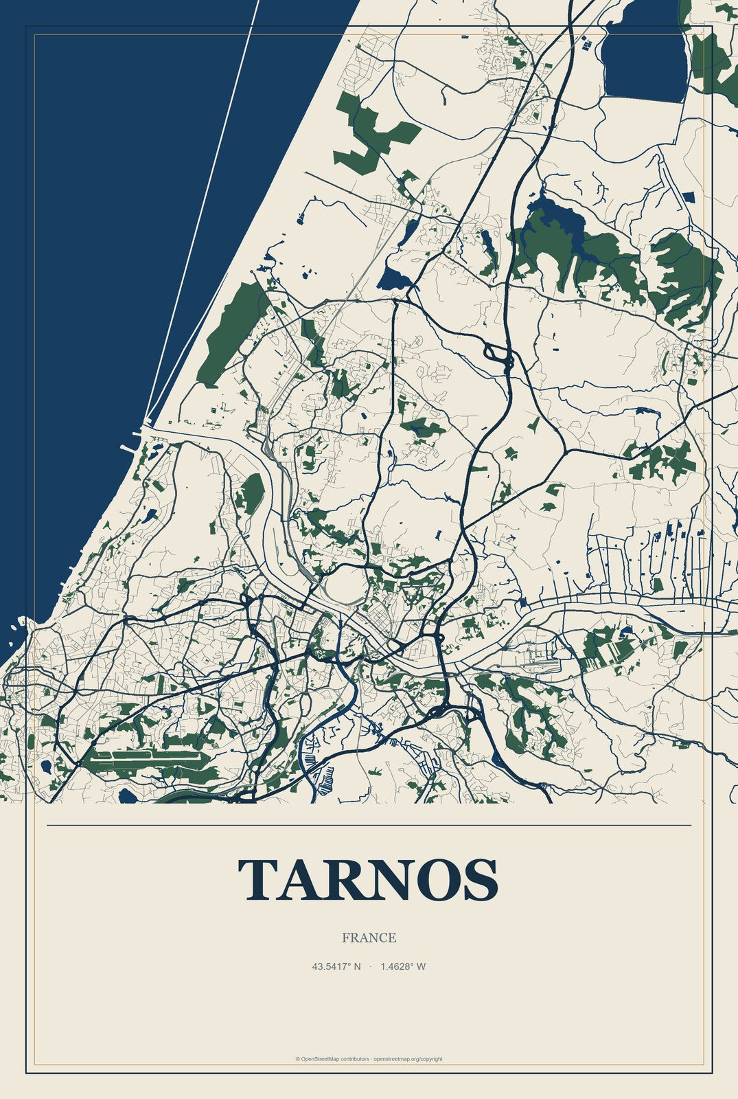 Tarnos, France City Map Aluminum Sign in Coastal Cutout style