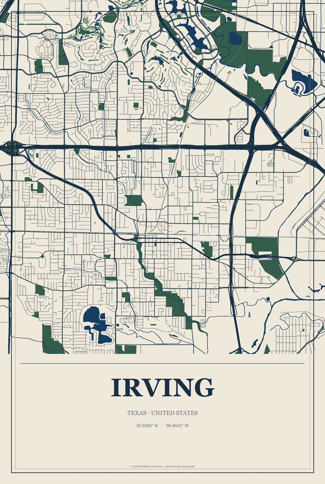Irving, Texas City Map Aluminum Sign in Coastal Cutout style