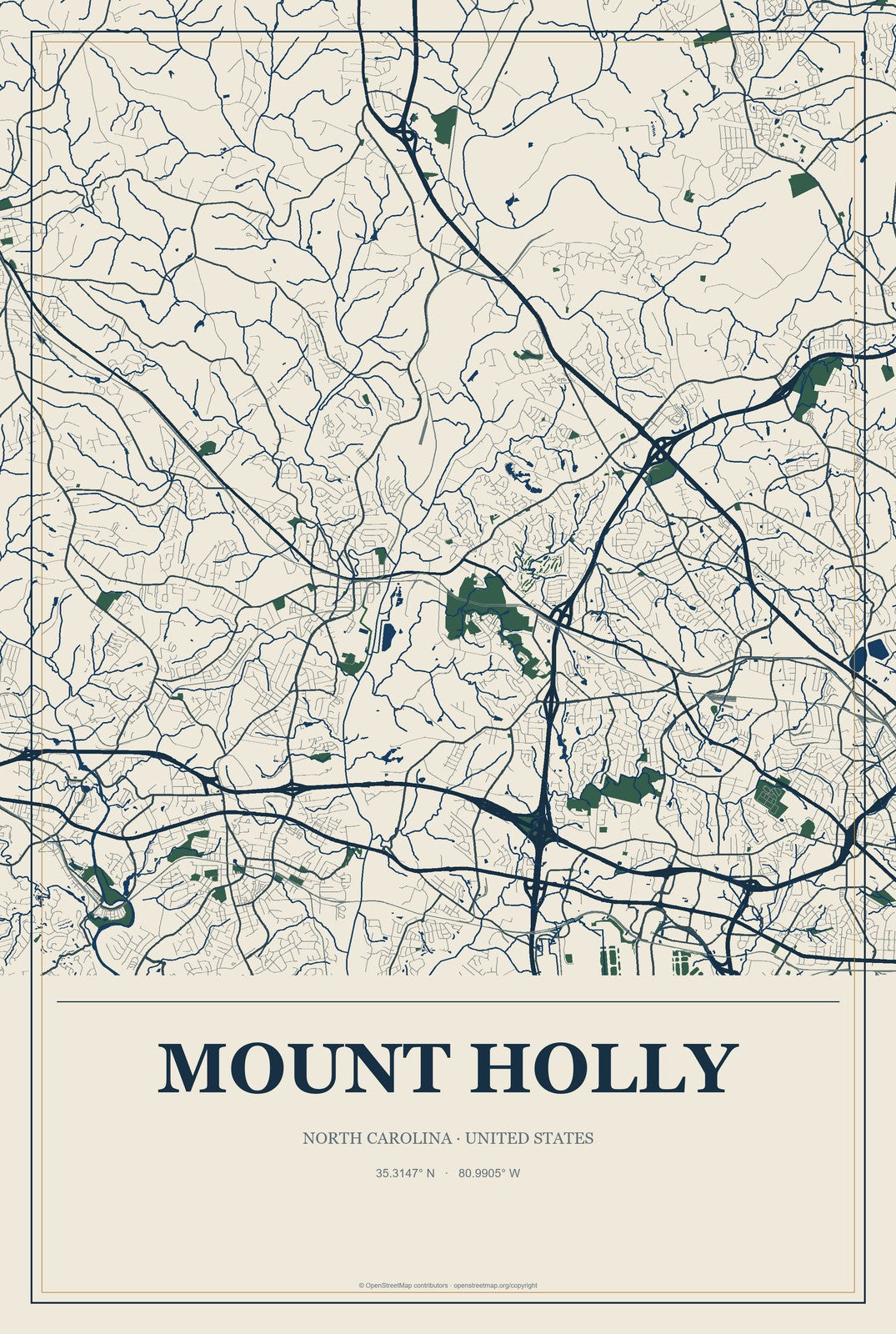 Mount Holly, North Carolina City Map Aluminum Sign in Coastal Cutout style