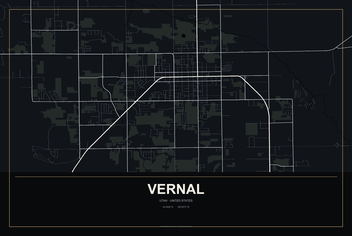 Vernal, Utah City Map Aluminum Sign in Metropolitan Noir style
