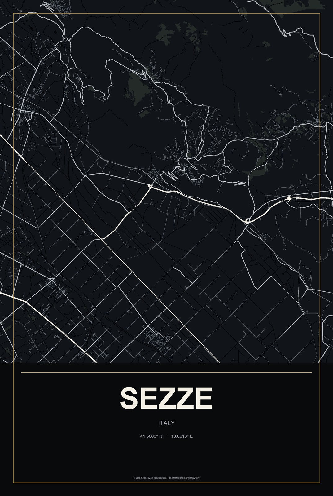 Sezze, Italy City Map Aluminum Sign in Metropolitan Noir style