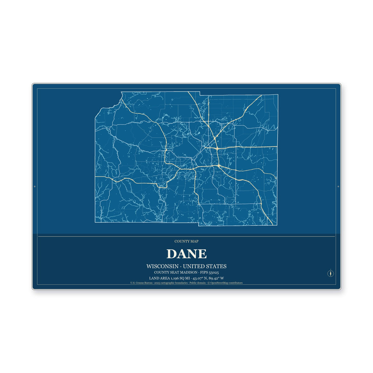 Dane County, Wisconsin Map Aluminum Sign in Harbor Cobalt style