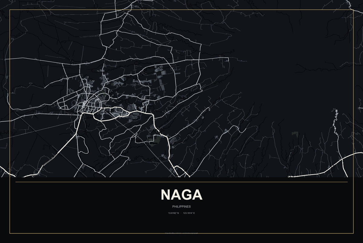 Naga, Bicol Region, Philippines City Map Aluminum Sign in Metropolitan Noir style