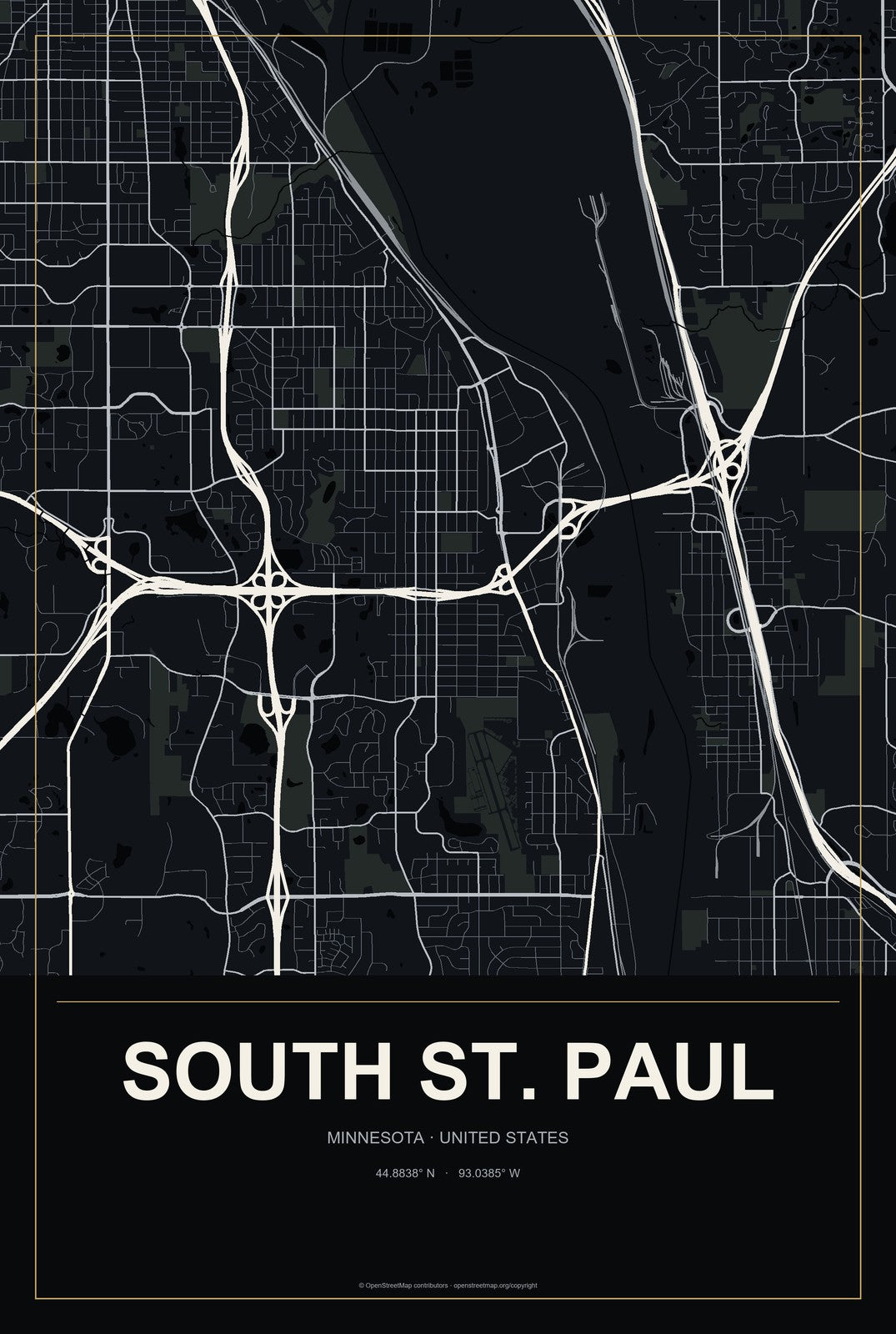 South St. Paul, Minnesota City Map Aluminum Sign in Metropolitan Noir style