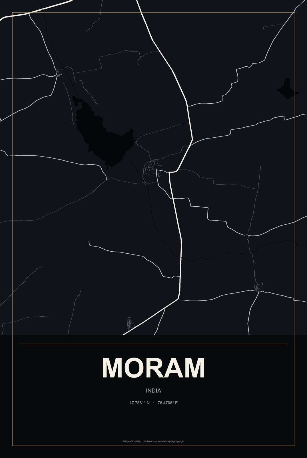 Moram, India City Map Aluminum Sign in Metropolitan Noir style