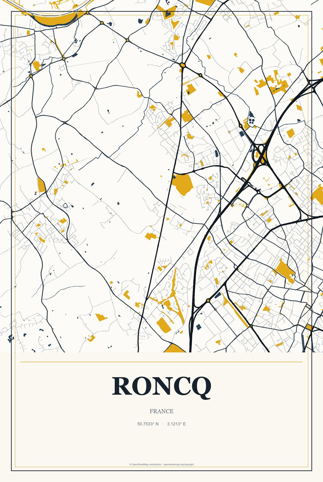 Roncq, France City Map Aluminum Sign in Citrine Modern style