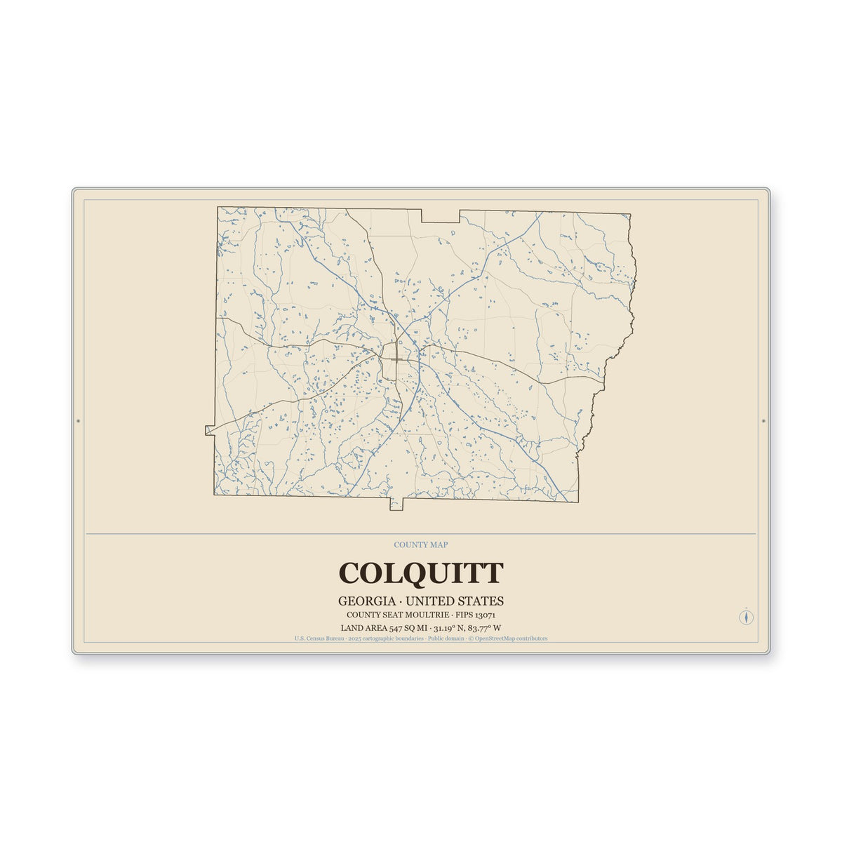 Colquitt County, Georgia Map Aluminum Sign in Heritage Nautical style