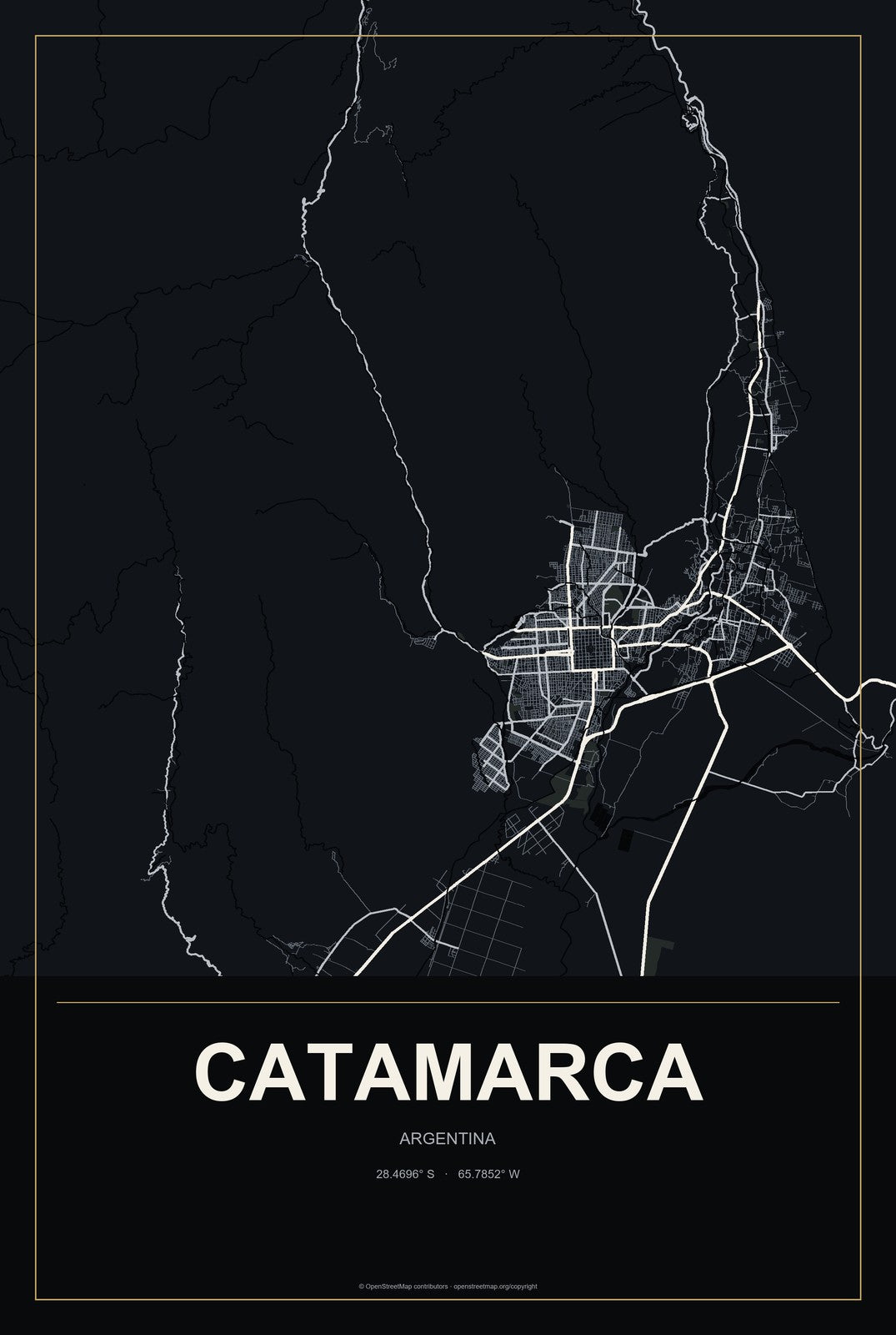 Catamarca, Argentina City Map Aluminum Sign in Metropolitan Noir style