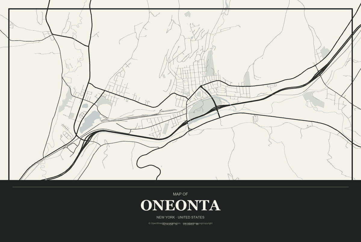 Oneonta, New York City Map Aluminum Sign in Museum Plaque style