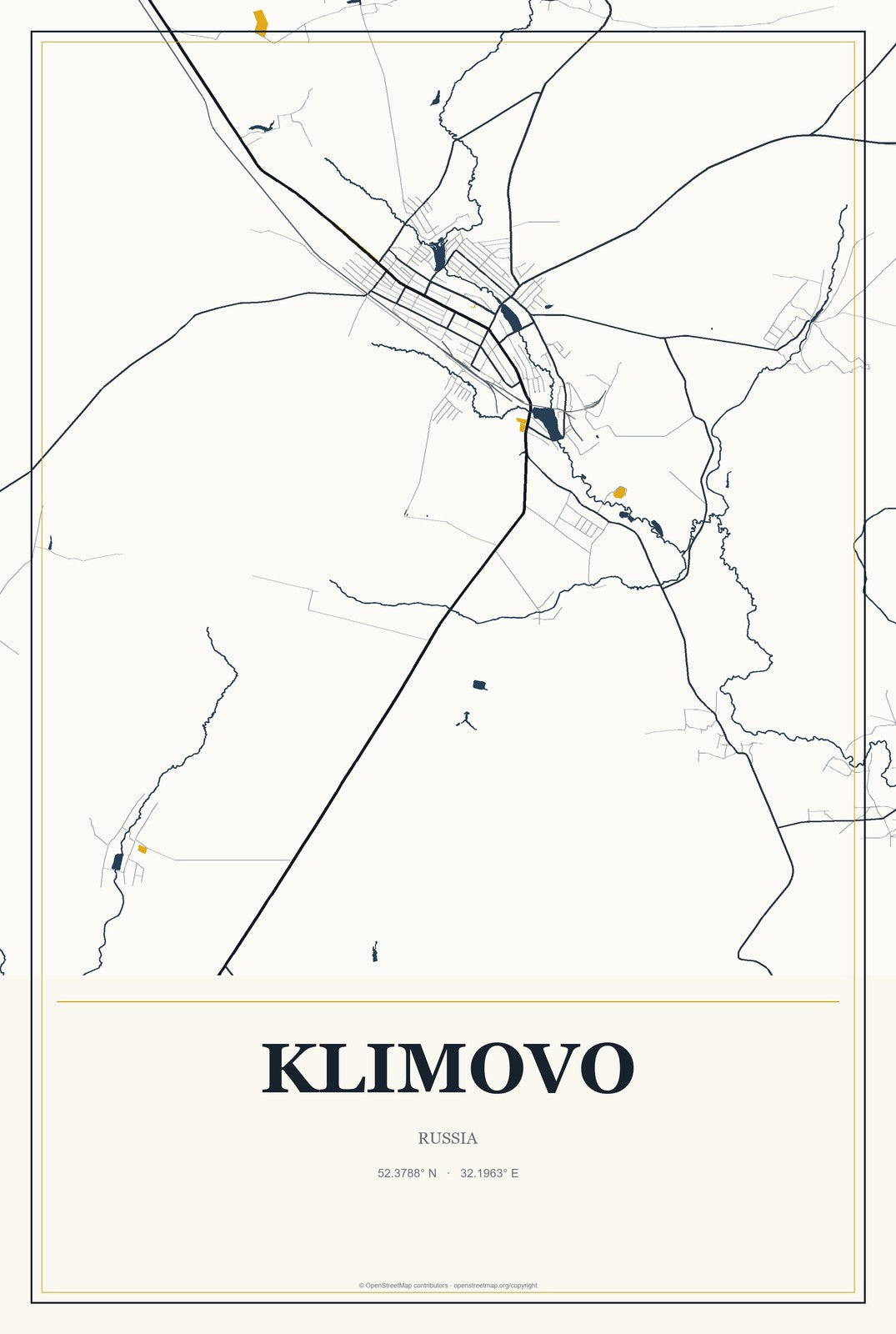 Klimovo, Russia City Map Aluminum Sign in Citrine Modern style