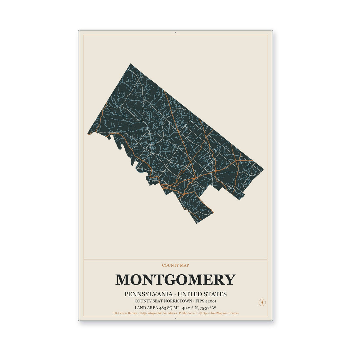 Montgomery County, Pennsylvania Map Aluminum Sign in Headline Atlas style