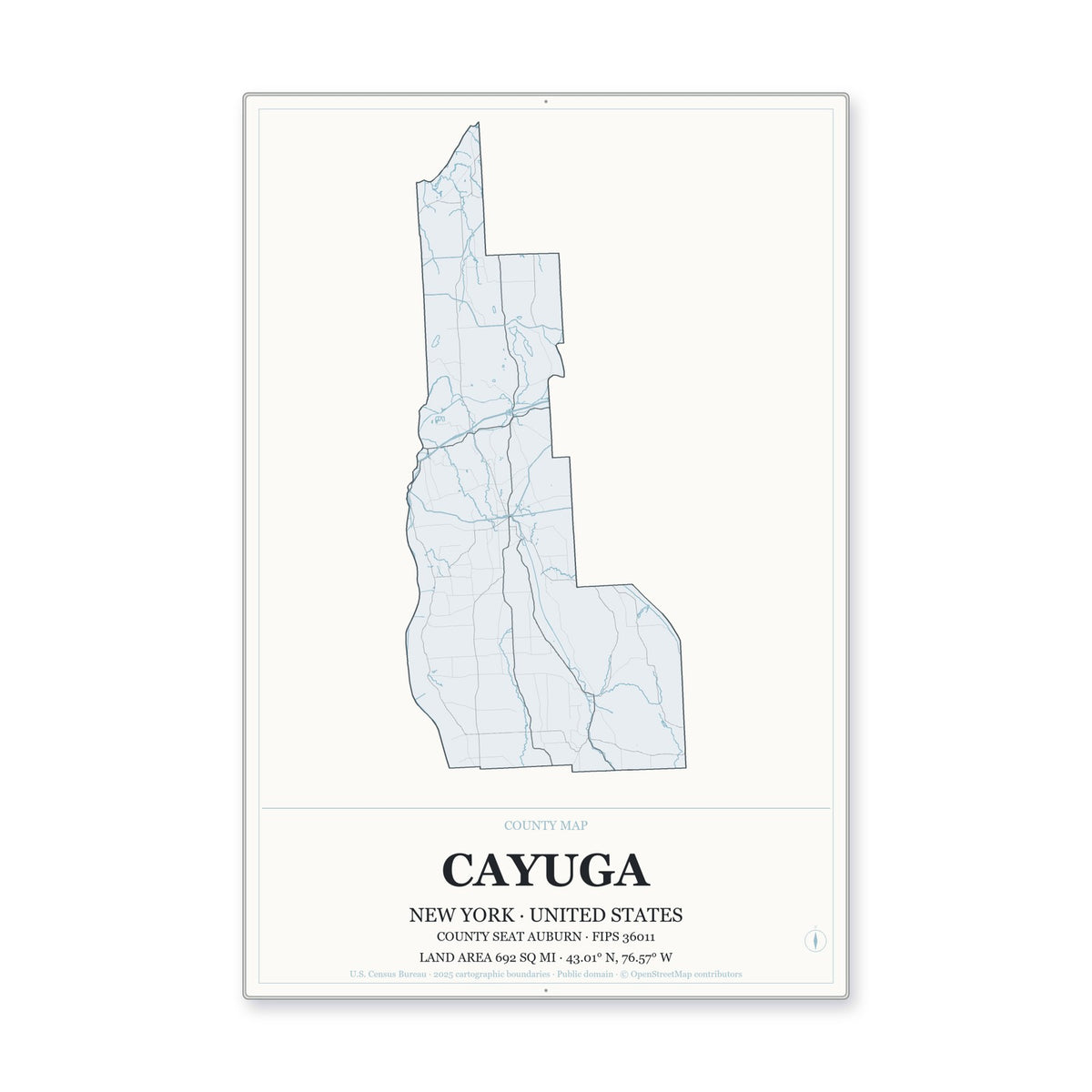 Cayuga County, New York Map Aluminum Sign in Gallery Air style