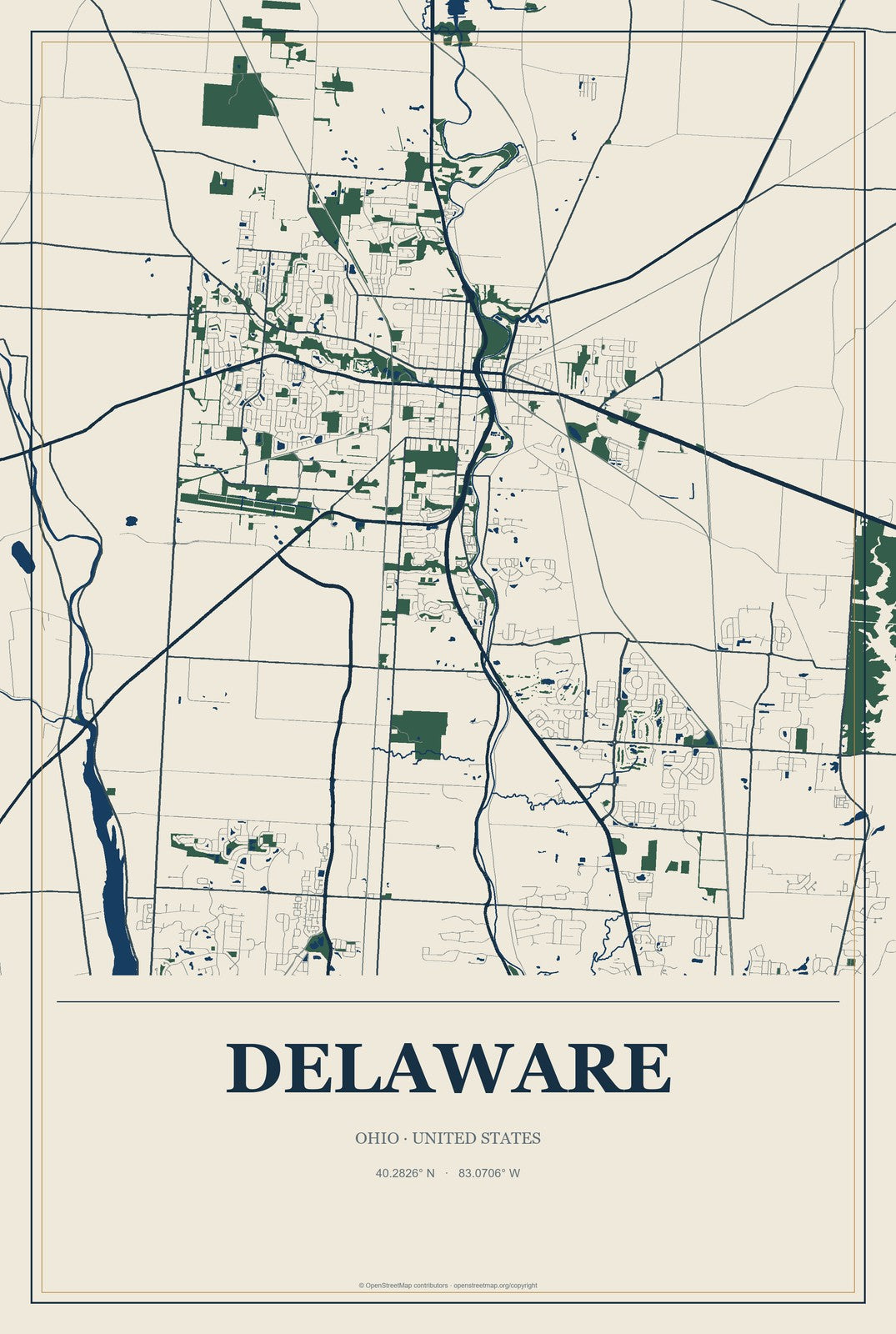 Delaware, Ohio City Map Aluminum Sign in Coastal Cutout style