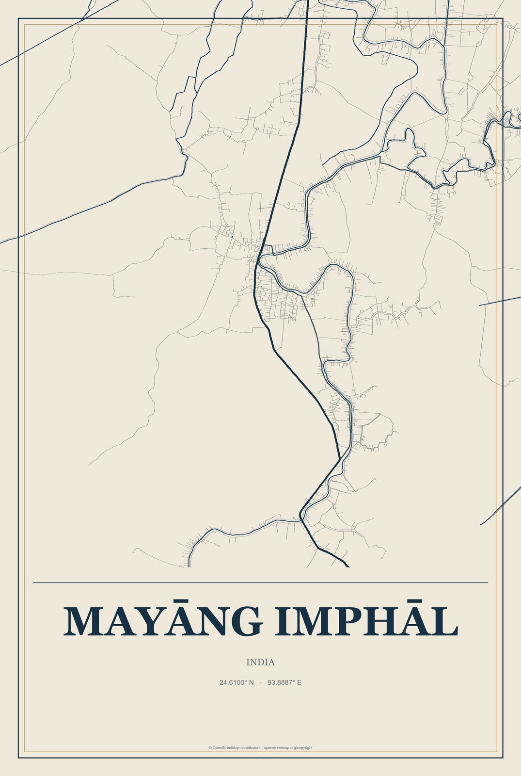 Mayāng Imphāl, India City Map Aluminum Sign in Coastal Cutout style