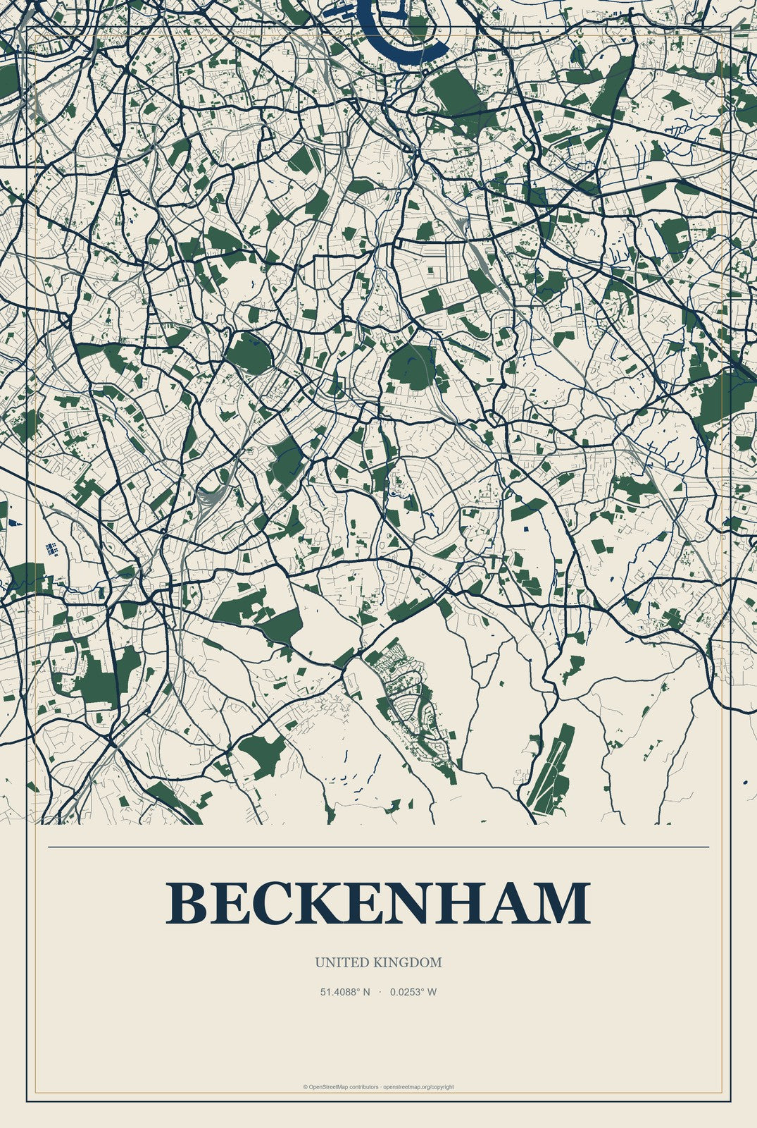 Beckenham, United Kingdom City Map Aluminum Sign in Coastal Cutout style