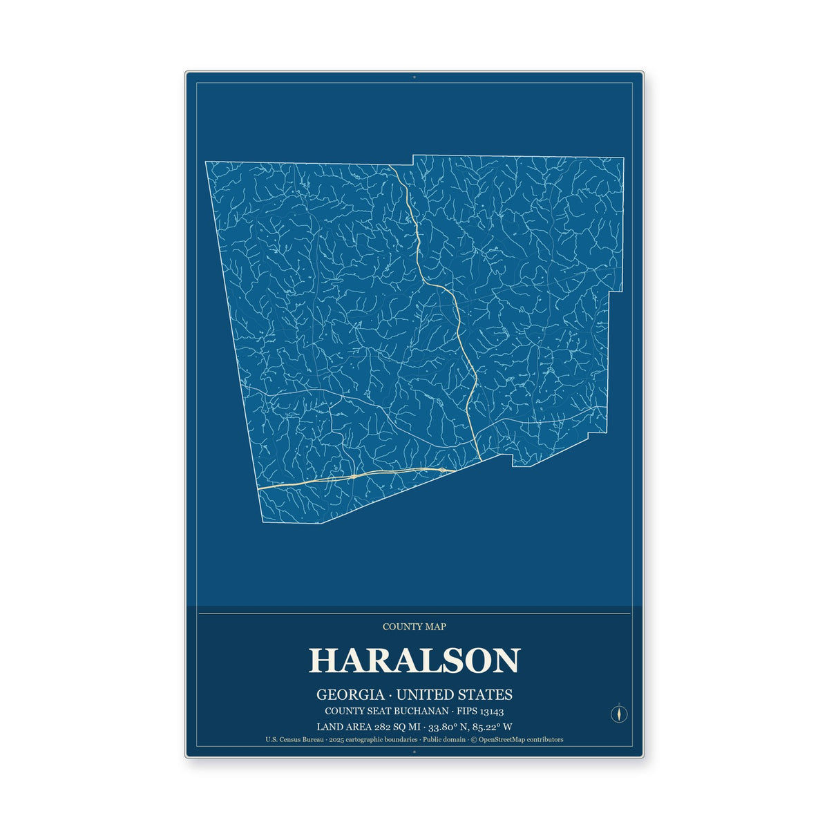 Haralson County, Georgia Map Aluminum Sign in Harbor Cobalt style