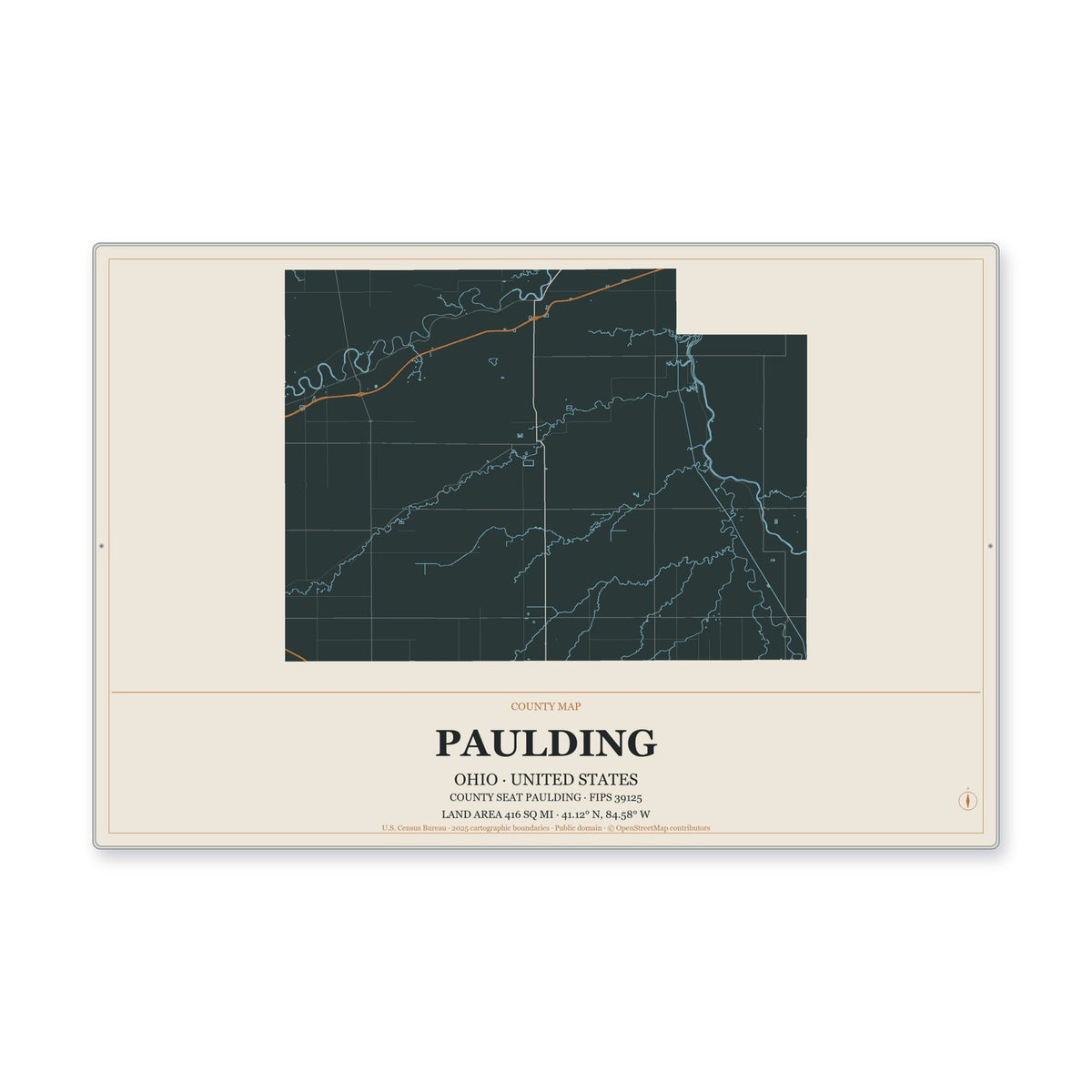Paulding County, Ohio Map Aluminum Sign in Headline Atlas style