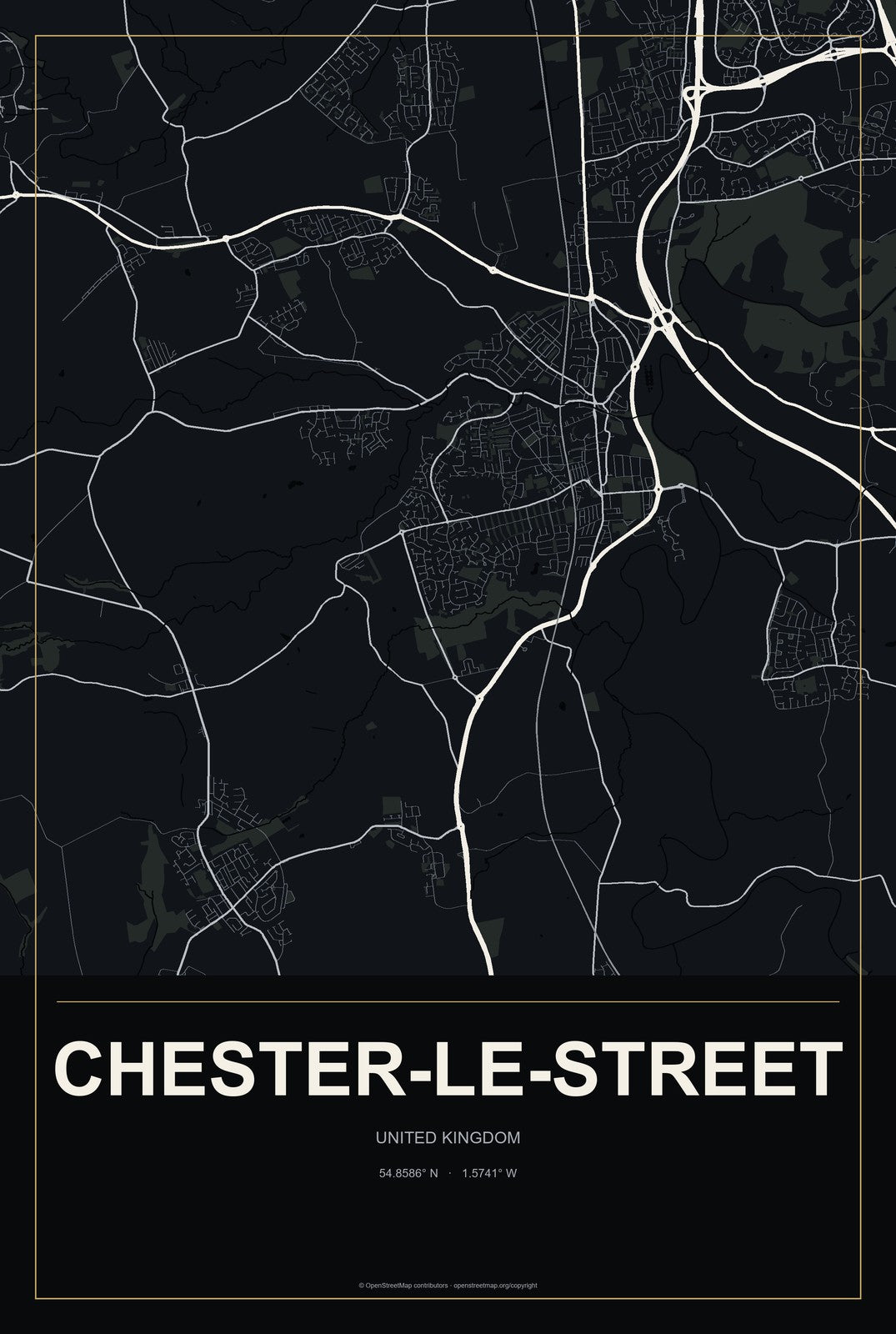 Chester-le-Street, United Kingdom City Map Aluminum Sign in Metropolitan Noir style