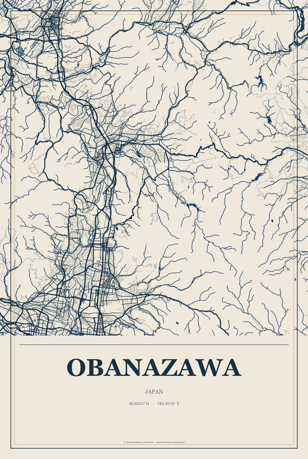 Obanazawa, Japan City Map Aluminum Sign in Coastal Cutout style