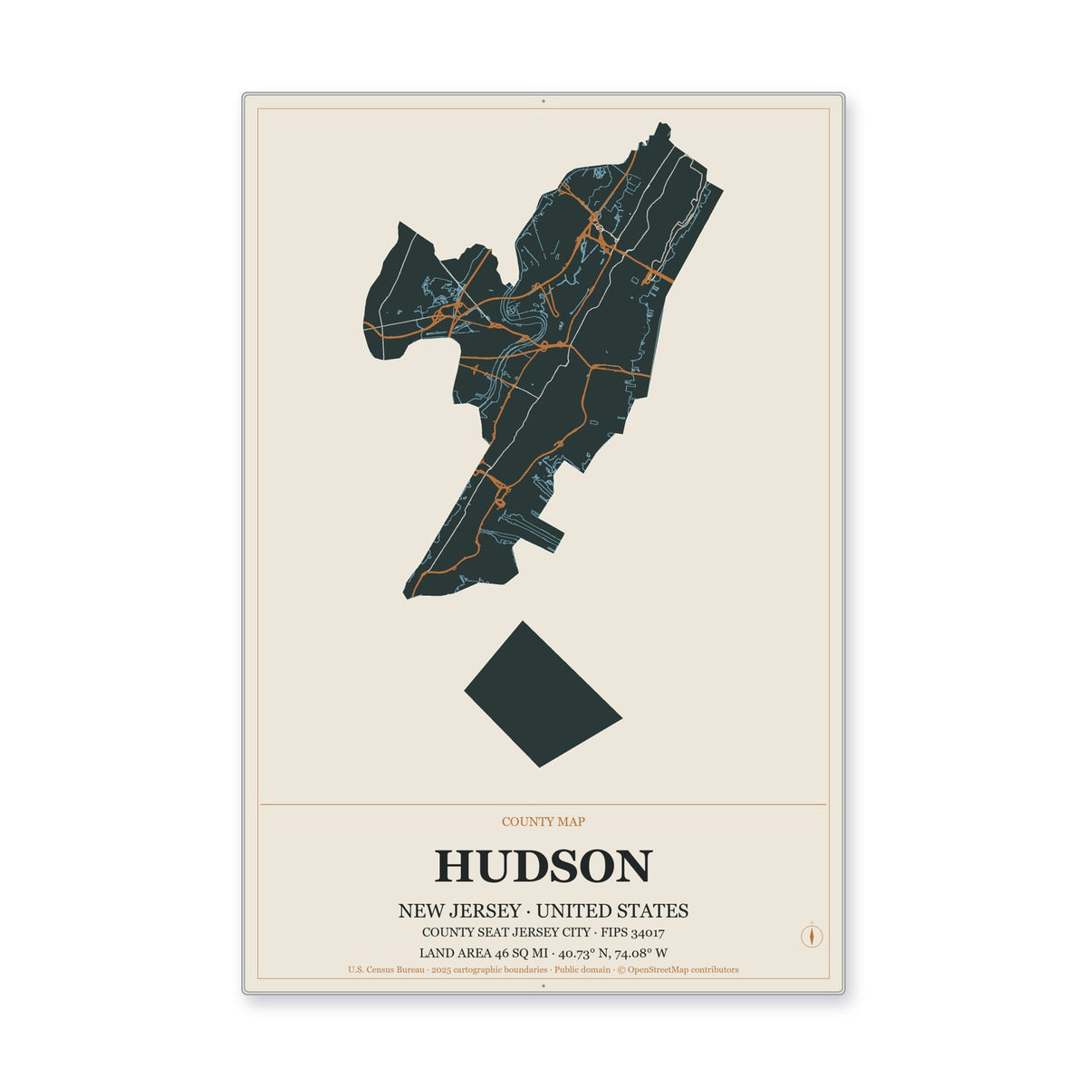 Hudson County, New Jersey Map Aluminum Sign in Headline Atlas style