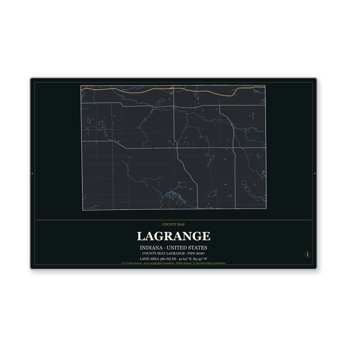 LaGrange County, Indiana Map Aluminum Sign in Metropolitan Noir style