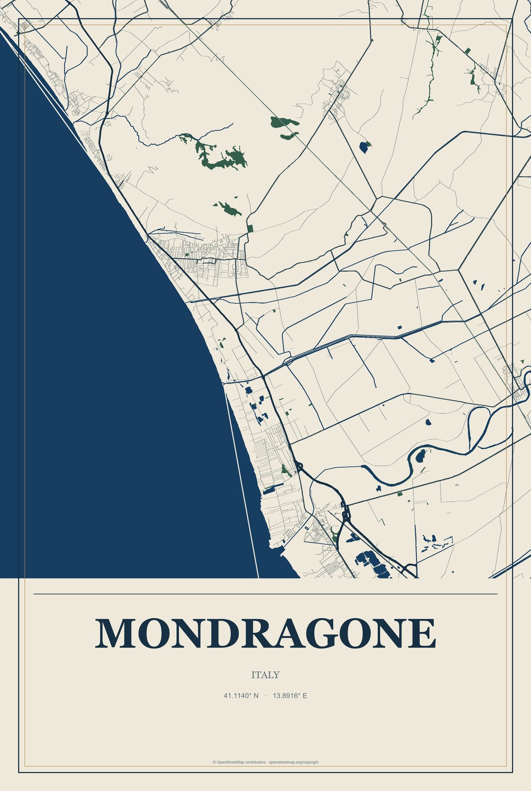 Mondragone, Italy City Map Aluminum Sign in Coastal Cutout style