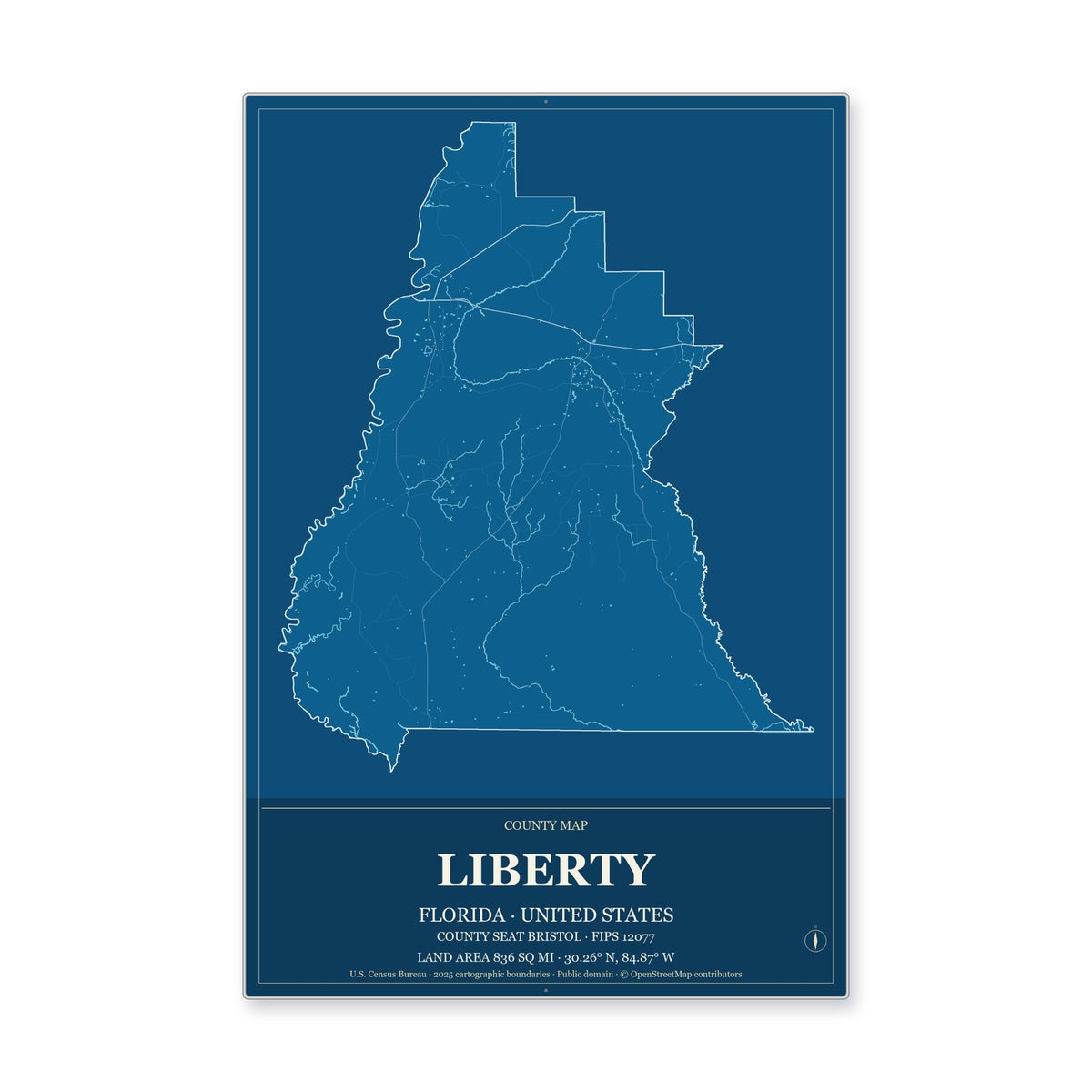 Liberty County, Florida Map Aluminum Sign in Harbor Cobalt style