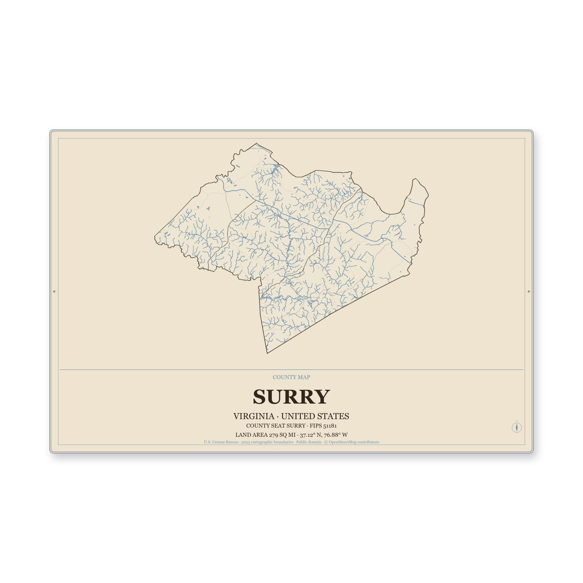 Surry County, Virginia Map Aluminum Sign in Heritage Nautical style