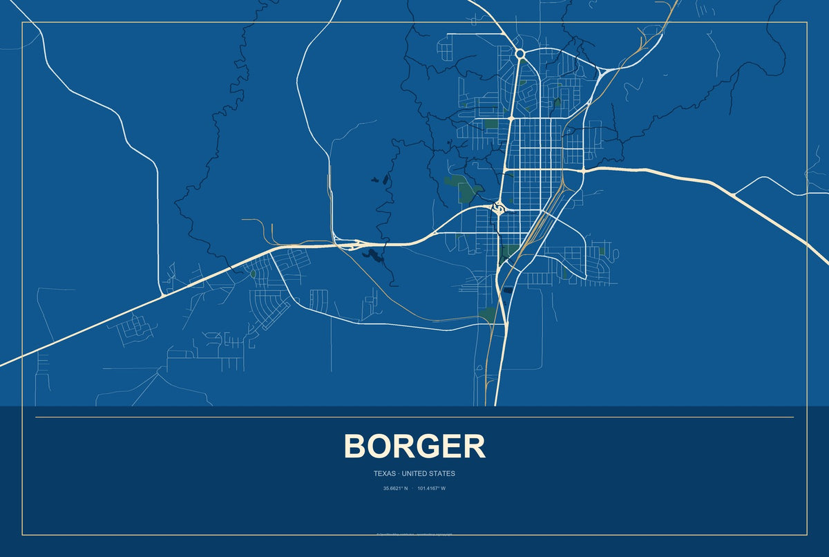Borger, Texas City Map Aluminum Sign in Harbor Cobalt style