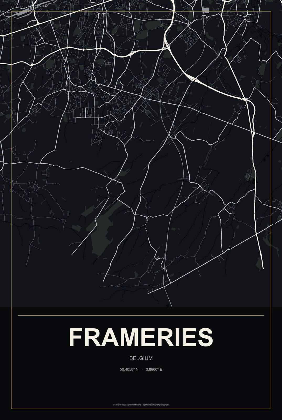 Frameries, Belgium City Map Aluminum Sign in Metropolitan Noir style