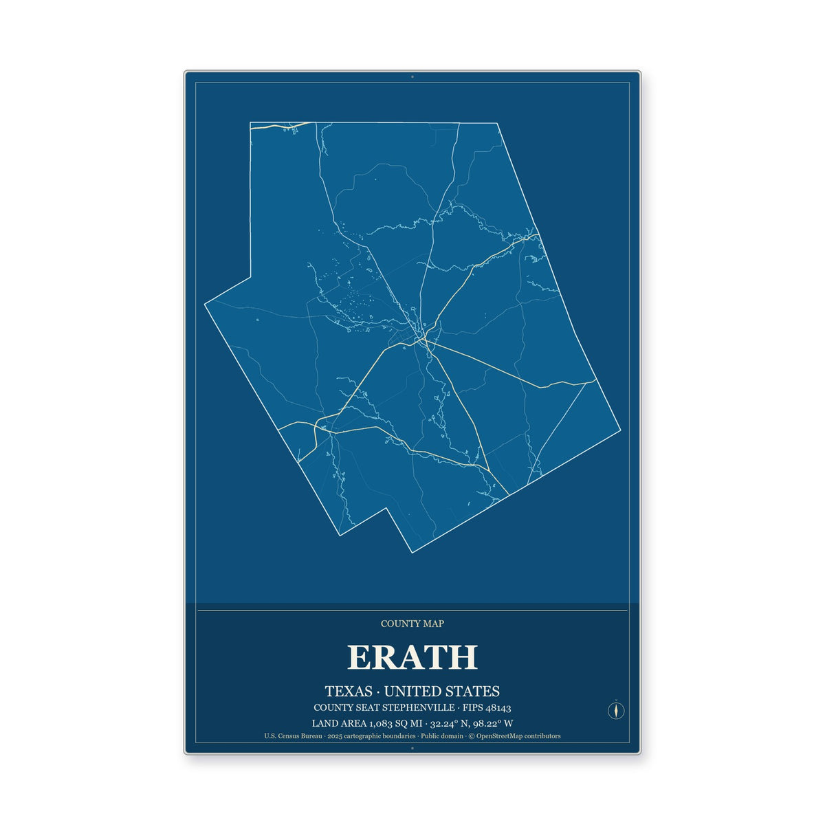 Erath County, Texas Map Aluminum Sign in Harbor Cobalt style