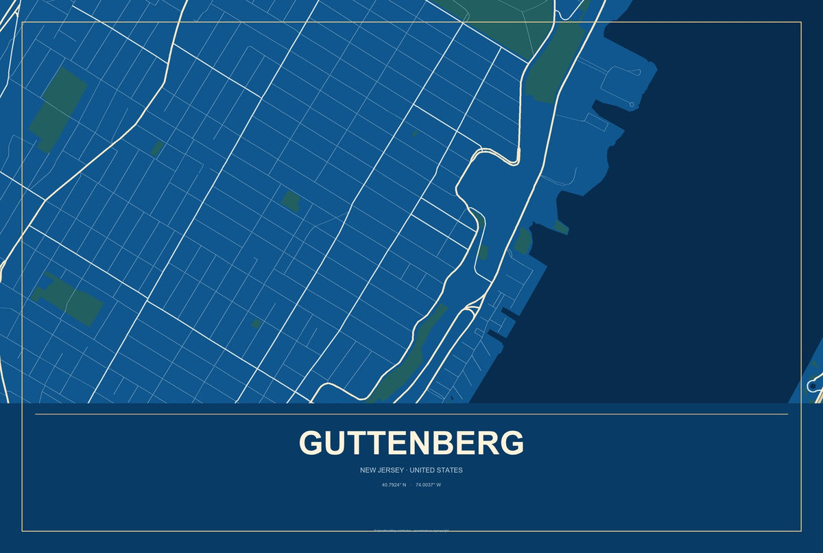 Guttenberg, New Jersey City Map Aluminum Sign in Harbor Cobalt style
