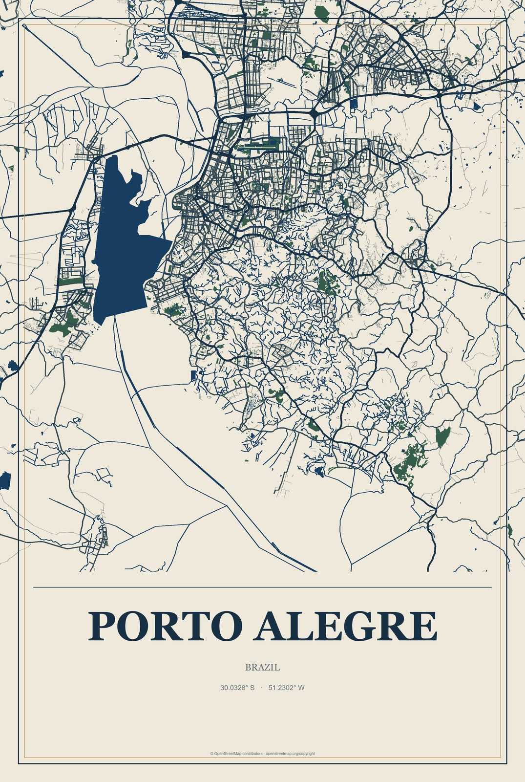 Porto Alegre, Brazil City Map Aluminum Sign in Coastal Cutout style
