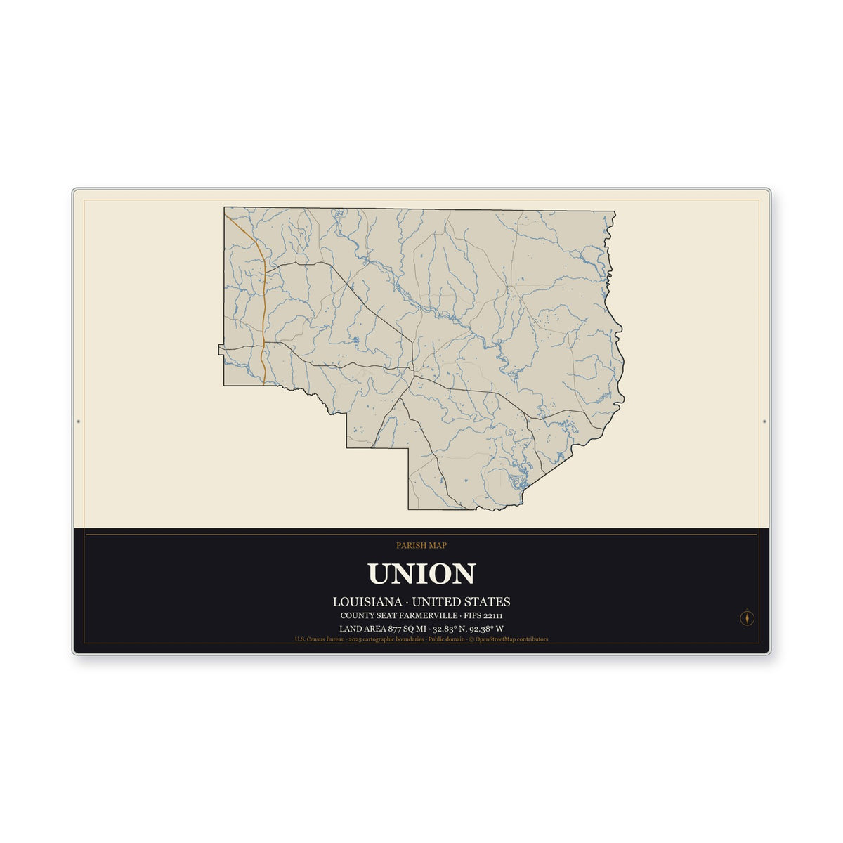 Union Parish, Louisiana Map Aluminum Sign in Museum Plaque style