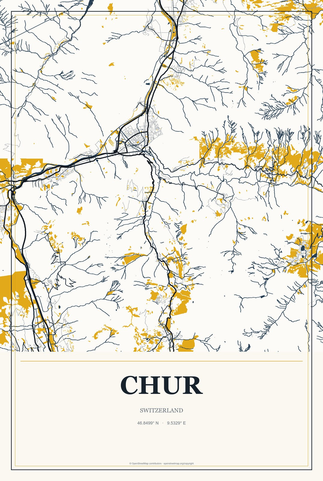 Chur, Switzerland City Map Aluminum Sign in Citrine Modern style