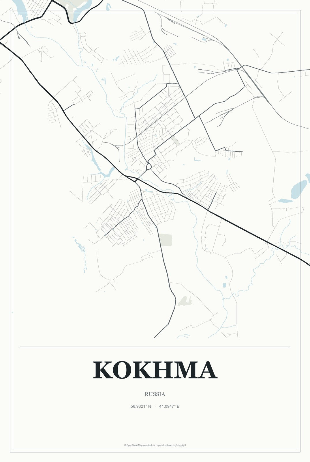 Kokhma, Russia City Map Aluminum Sign in Gallery Air style