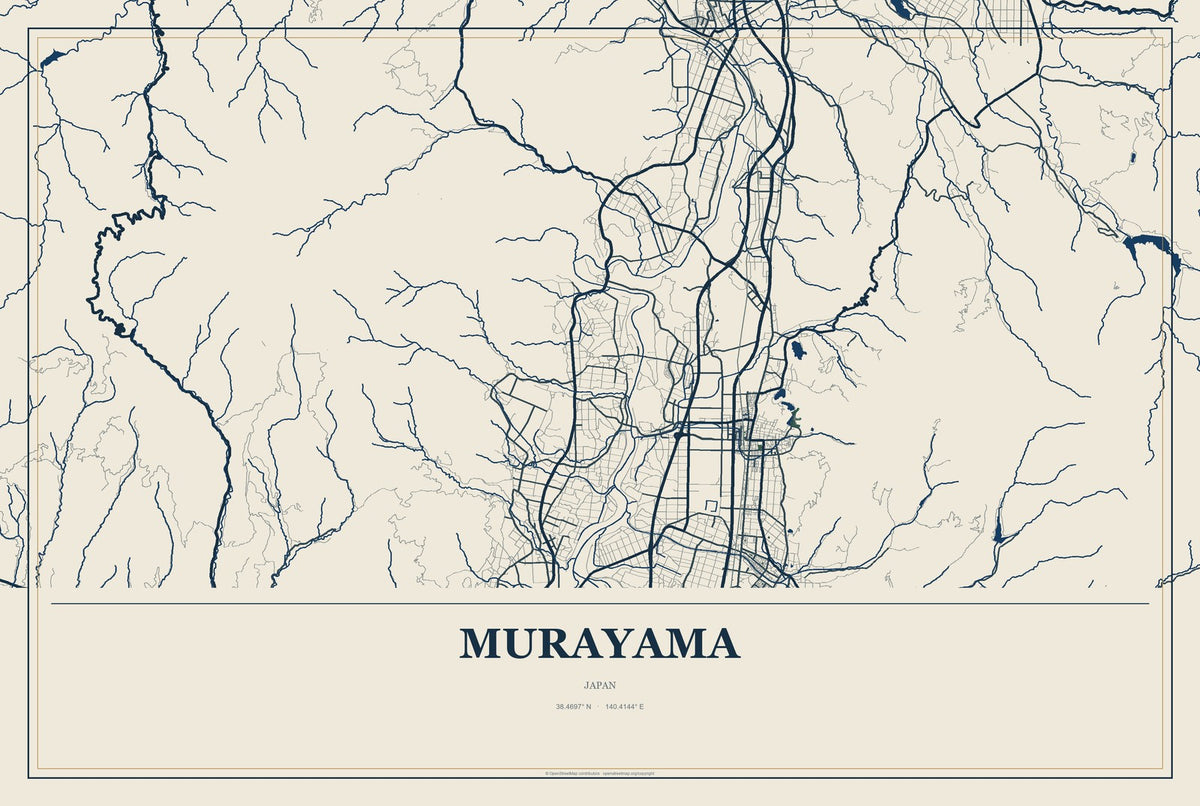 Murayama, Japan City Map Aluminum Sign in Coastal Cutout style