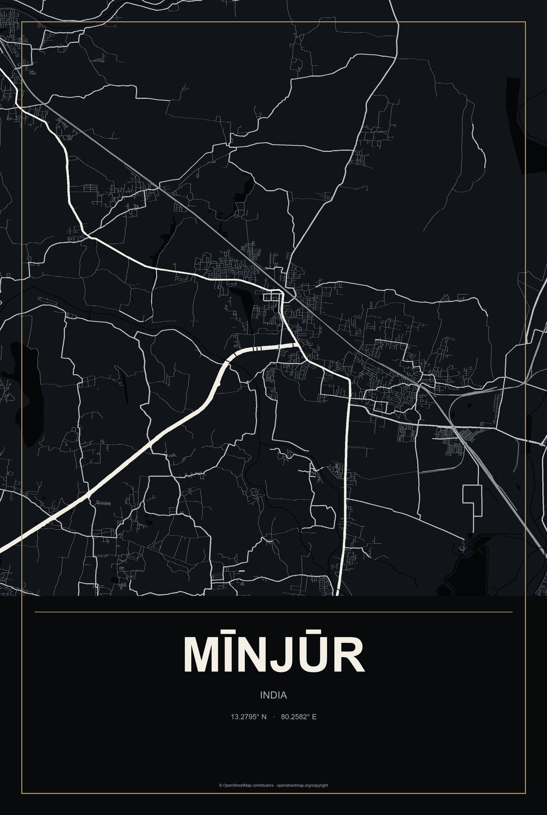 Mīnjūr, India City Map Aluminum Sign in Metropolitan Noir style