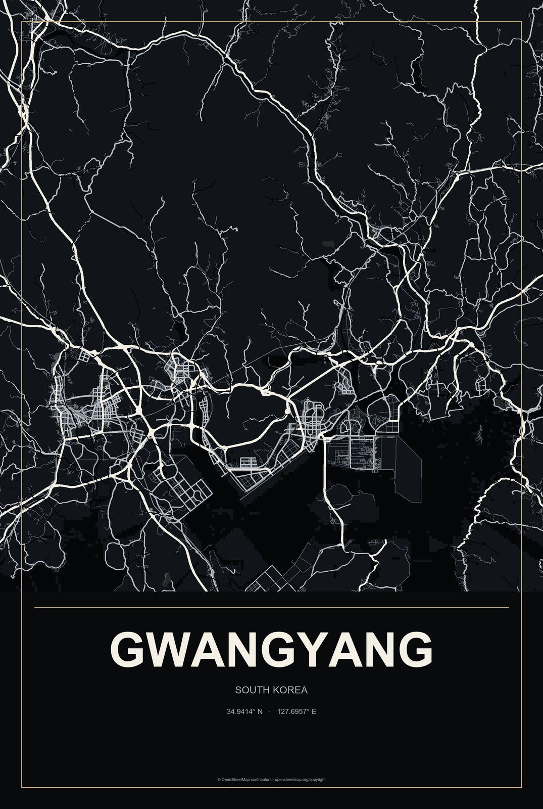 Gwangyang, South Korea City Map Aluminum Sign in Metropolitan Noir style