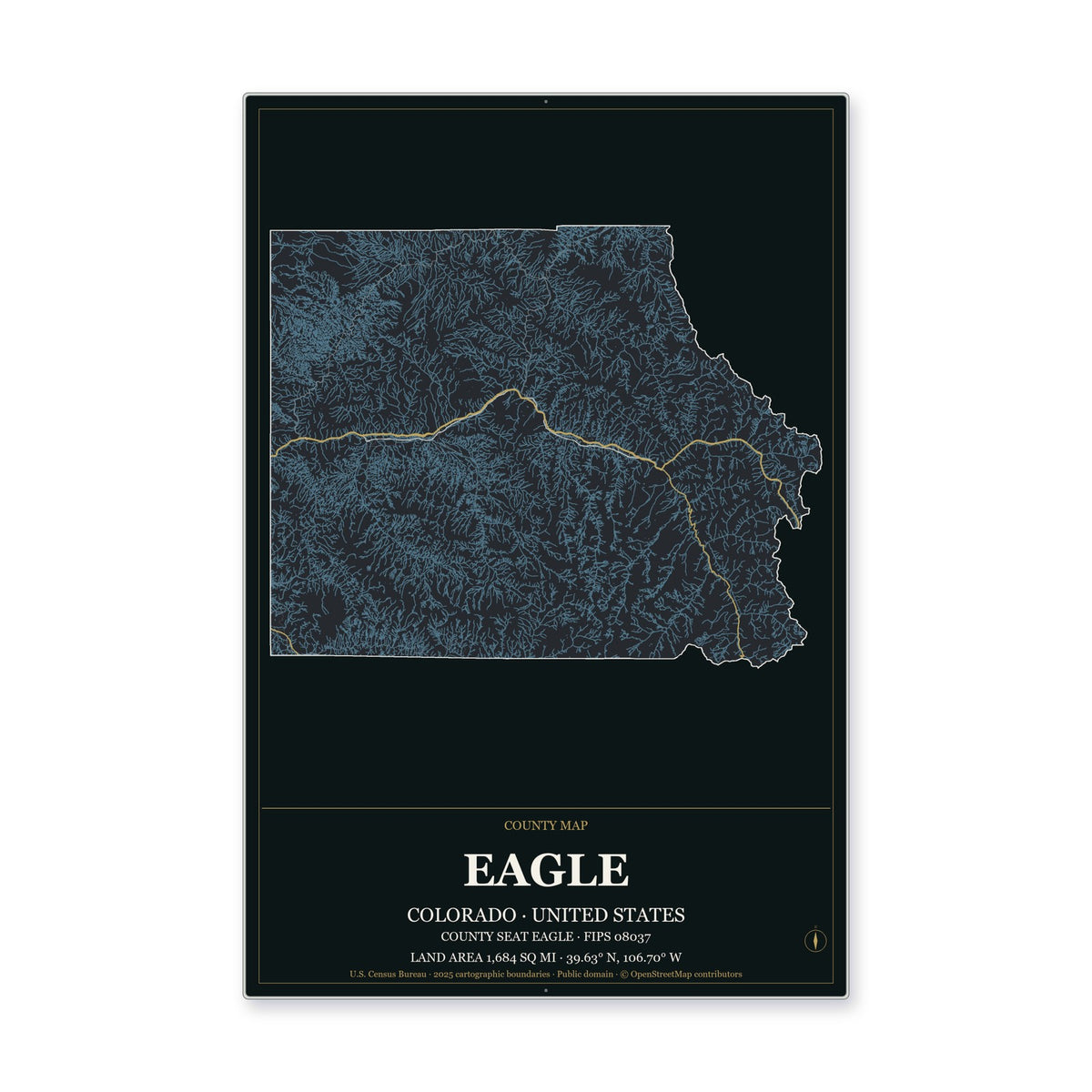 Eagle County, Colorado Map Aluminum Sign in Metropolitan Noir style
