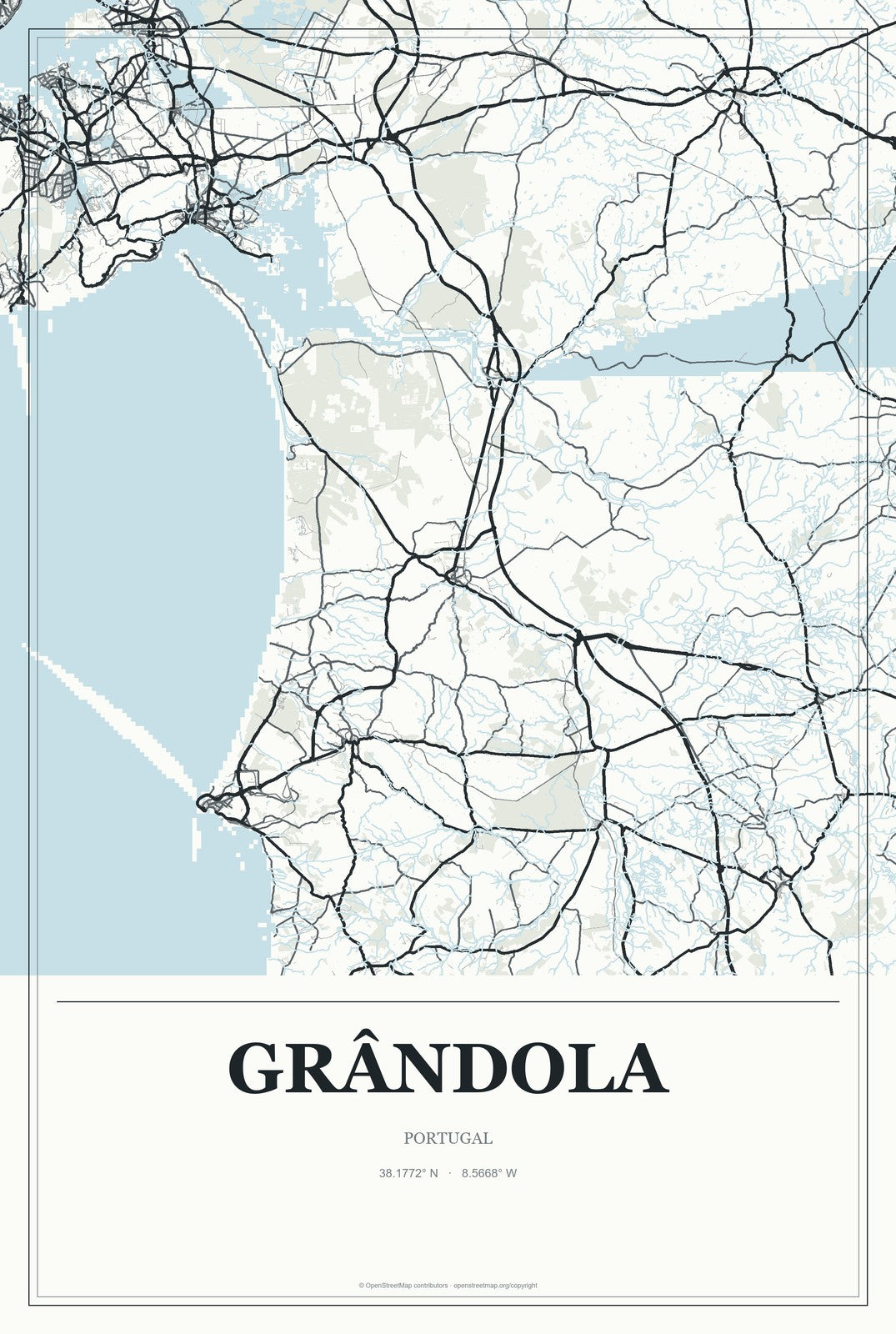 Grândola, Portugal City Map Aluminum Sign in Gallery Air style