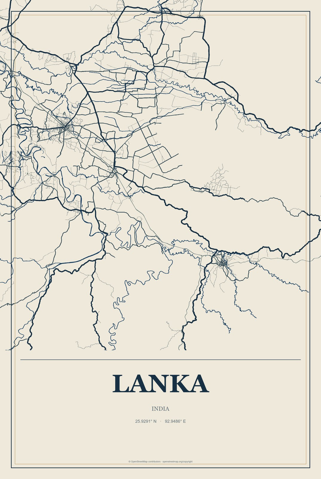 Lanka, India City Map Aluminum Sign in Coastal Cutout style
