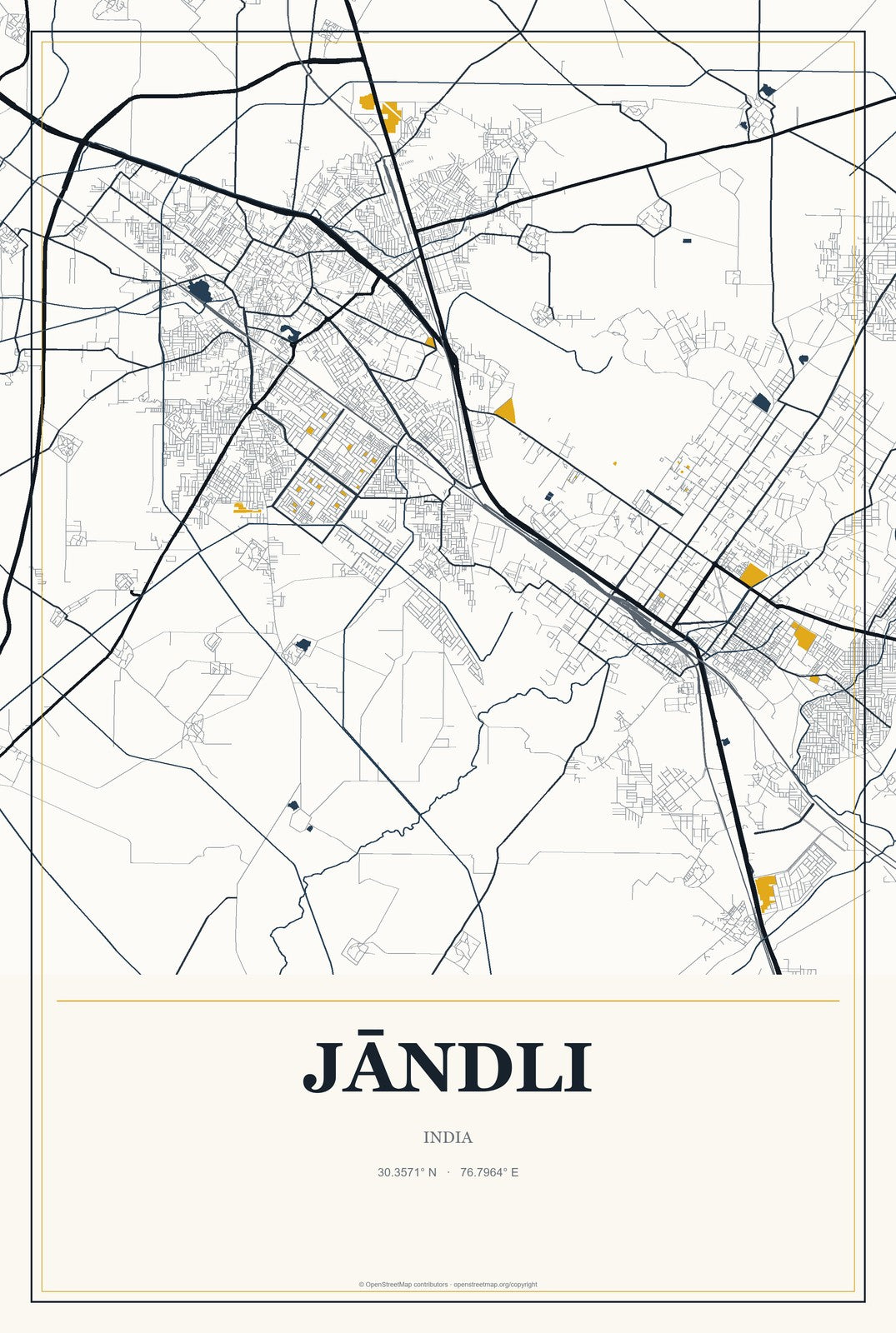 Jāndli, India City Map Aluminum Sign in Citrine Modern style
