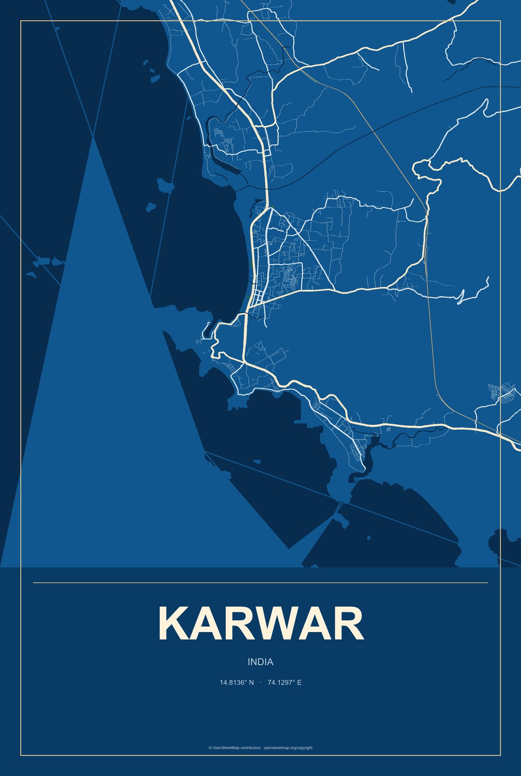 Karwar, India City Map Aluminum Sign in Harbor Cobalt style