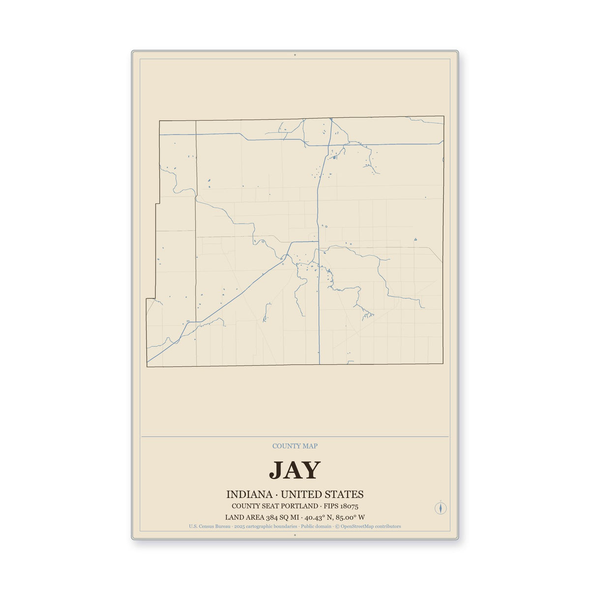 Jay County, Indiana Map Aluminum Sign in Heritage Nautical style